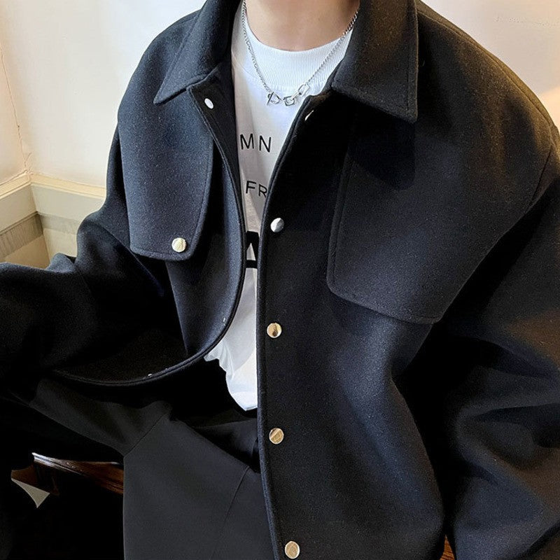 Winter Short Woolen Coat Men Warm Retro Thickened Woolen Jacket Men Streetwear Korean Loose Woolen Coat Mens Oversized Overcoat