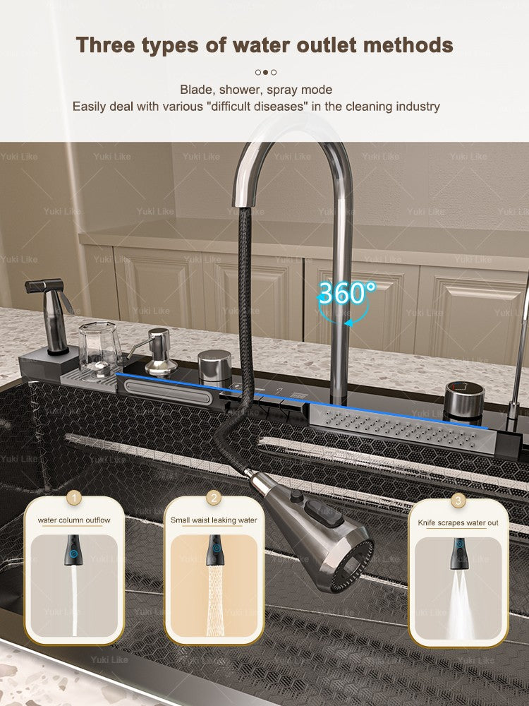 Stainless Steel Waterfall Kitchen Sink New Embossed Extra Large Single Slot Modern Digital Display Dishwashing Basin