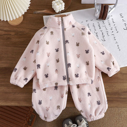 Autumn Winter Kids Thick Fleece Pajama Sets  Korean Cartoon Toddler Girls Fashion Plush Warm Outfits 1-4Y Boys Home Wear Suit