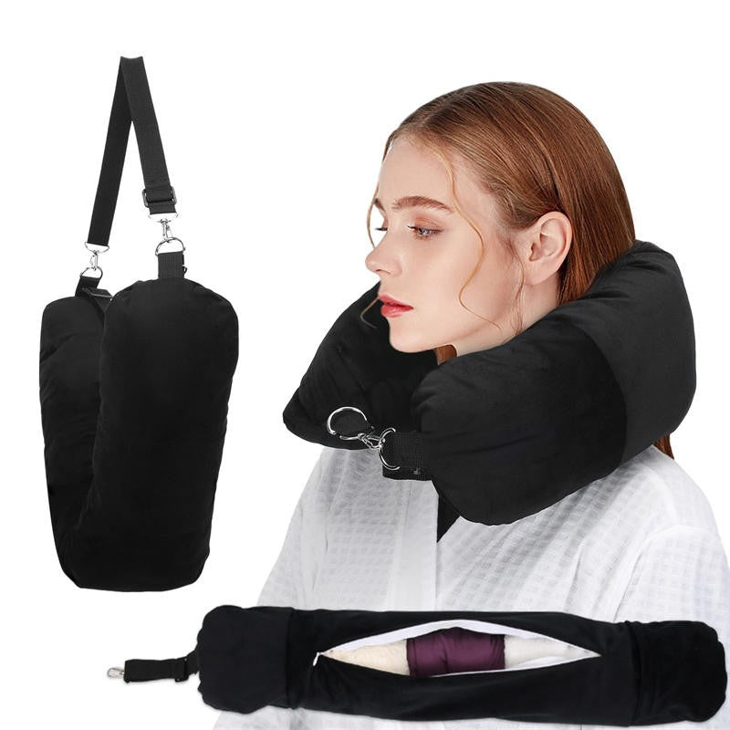 Portable Travel U-shaped Pillow Self-filling Carryable Clothing Luggage Pillowcase Solid Color Multifunctional Airplane Pillow