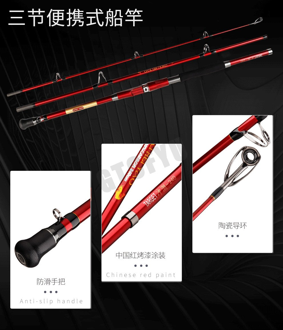 1.8M 2.1M  2.4M Portable 3-Piece Fishing Rod Travel Surf Saltwater Carbon Spinning Rod 30-50lb Boat Jigging Trolling Fishing Rod