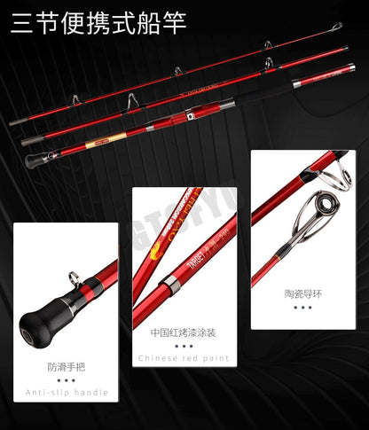 1.8M 2.1M  2.4M Portable 3-Piece Fishing Rod Travel Surf Saltwater Carbon Spinning Rod 30-50lb Boat Jigging Trolling Fishing Rod