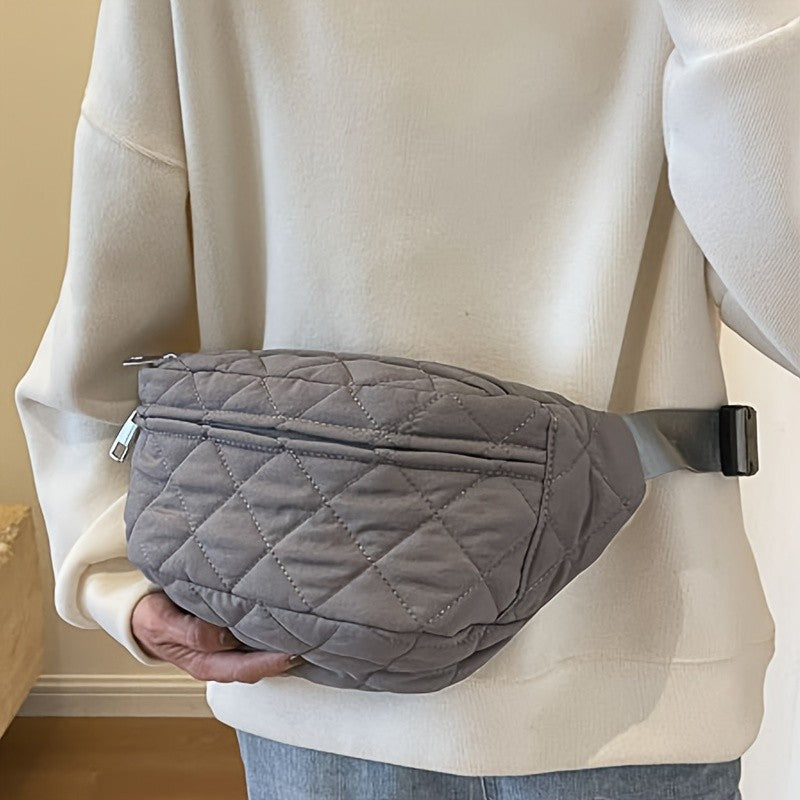 Quilted Patchwork Crossbody Bag - Large Nylon Purse, Multi-Pocket, Adjustable Strap. Grey Gift-Ready!