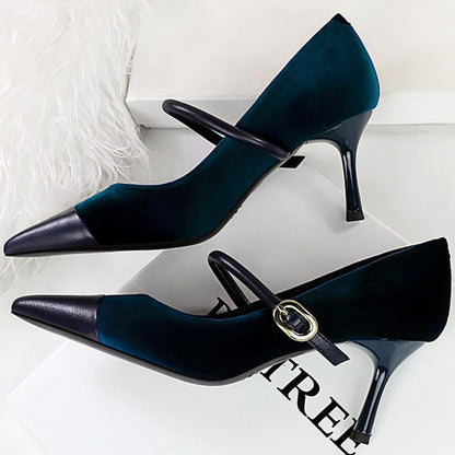 Korean Version Party 10cm 7cm High Heels Women Shoes Thin Heels Velvet Shallow Montage Pointed Toe Metal One-line Buckle Pumps