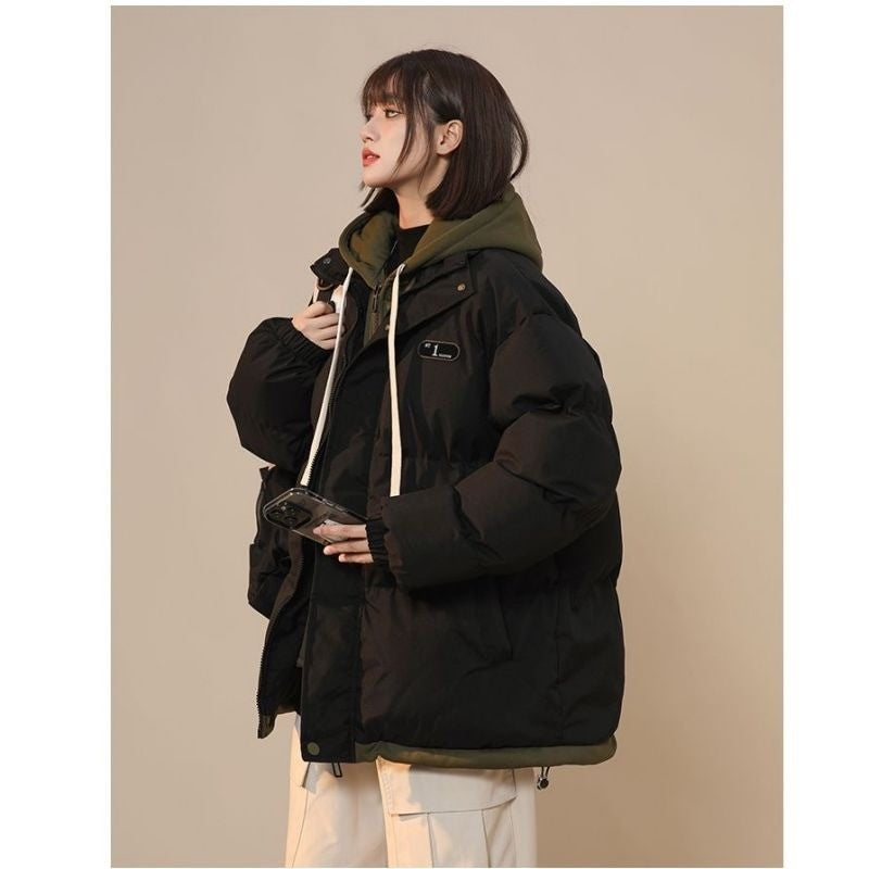 Korean Version New Fashion Letter Patch Fake Two Piece Cotton-padded Jacket Y2K Harajuku Vintage Thick Bread Loose Student Coats