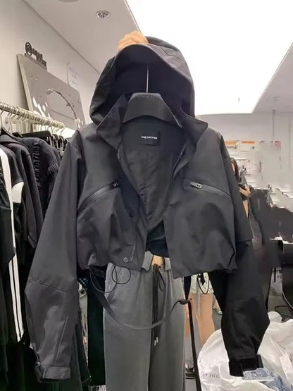 Fashion Short Hooded Jacket 2025 New Spring Black Loose Motorcycle Coats Female Street  Windbreak Short Basic Coat