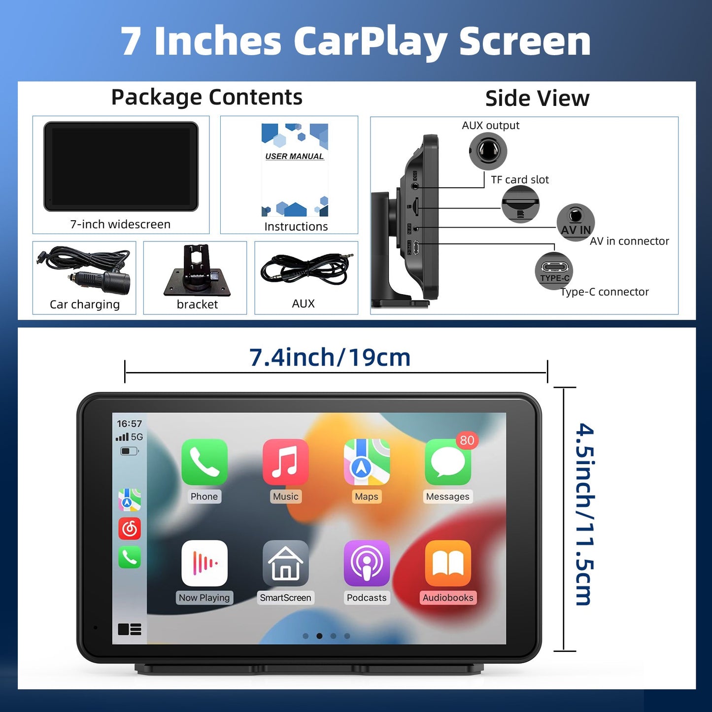 Tela CarPlay sem fio para carro, tela sensível ao toque estéreo portátil HD de 7" com Apple CarPlay e Android Auto, tela CarPlay com câmera de ré