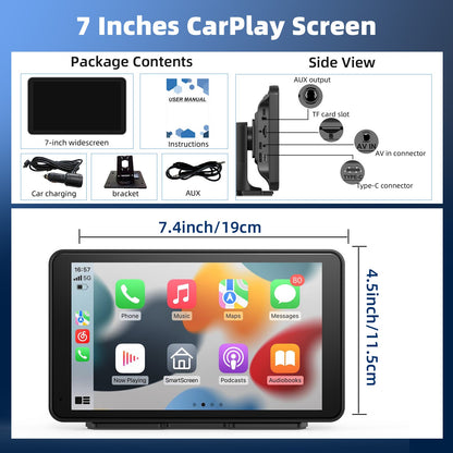 Tela CarPlay sem fio para carro, tela sensível ao toque estéreo portátil HD de 7" com Apple CarPlay e Android Auto, tela CarPlay com câmera de ré