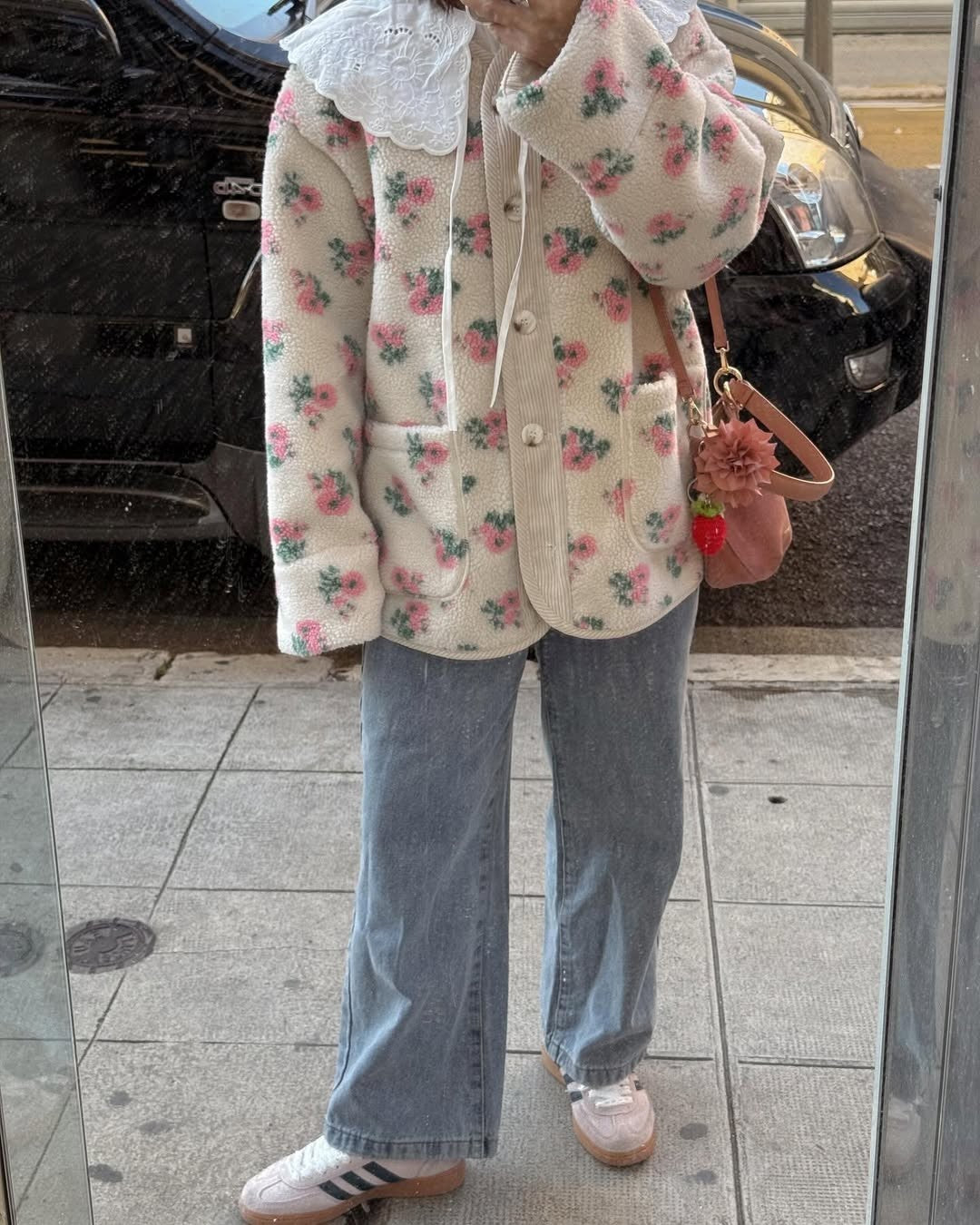 Casual Printed Short Fleece Jacket Women Fashion Round Neck Single Breasted Pocket Loose Jackets Lady Daily Commute Office Coat