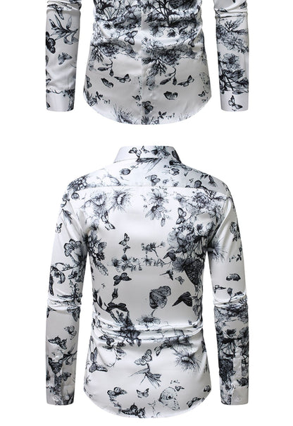 QJ CINGA Brand Men Leopard Print Long-sleeved Shirt, White Single-breasted Button-down Collar Printed Shirts, Asian Size M-6XL