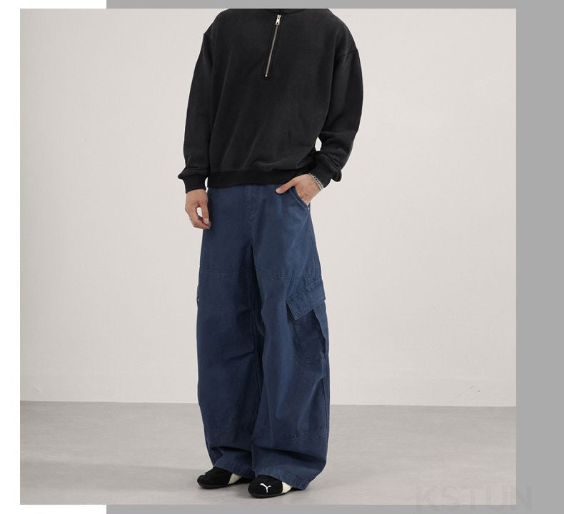 KSTUN 2025 Men Washed Vintage Cargo Pants 100% Cotton Loose Fit Oversize Multi-Pockets Trousers Blue Male Casual Scimitar Pants