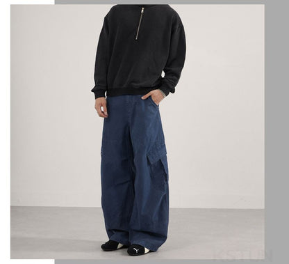 KSTUN 2025 Men Washed Vintage Cargo Pants 100% Cotton Loose Fit Oversize Multi-Pockets Trousers Blue Male Casual Scimitar Pants