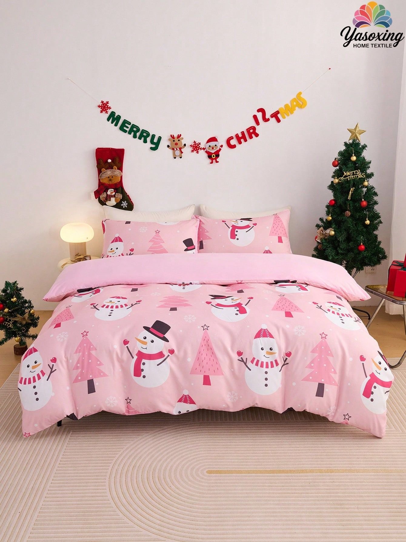 2/3pcs Pink Christmas Snowflake Gift Gingerbread Man Pattern Reversible Color Duvet Cover Bedding Set, Soft Breatheable