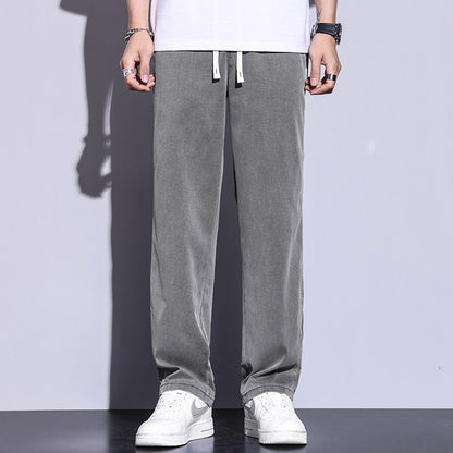Calça Masculina de Verão Leve Fina Solta Reta Perna Larga Popular com Cordão na Cintura Elástica Coreana Tecido Lyocell Calças Folgadas