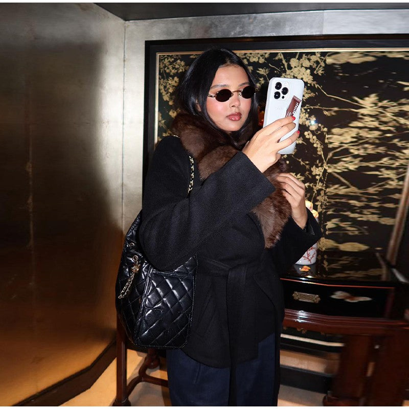 Elegant Faux Fur Lace Up Woolen Coat Women Shawl Collar Belted Waist Full Sleeve Coats Female Autumn Winter Fashion Lady Outwear