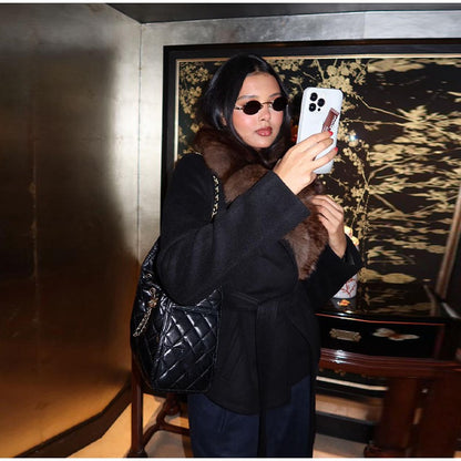 Elegant Faux Fur Lace Up Woolen Coat Women Shawl Collar Belted Waist Full Sleeve Coats Female Autumn Winter Fashion Lady Outwear