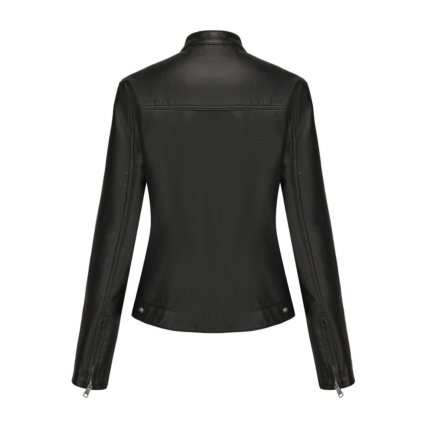 Black Women's Fitted Leather Jacket with Front Zipper & Side Pockets?, Available in Brown, Navy Blue, and Beige.