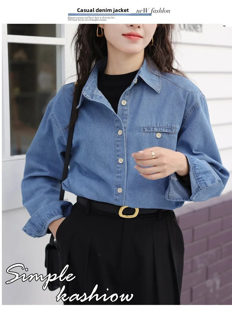 2024 New Vintage Loose-Fit Denim Shirt Women's Petite Top Commuter Jacket Fashionable Through-The-Year Style
