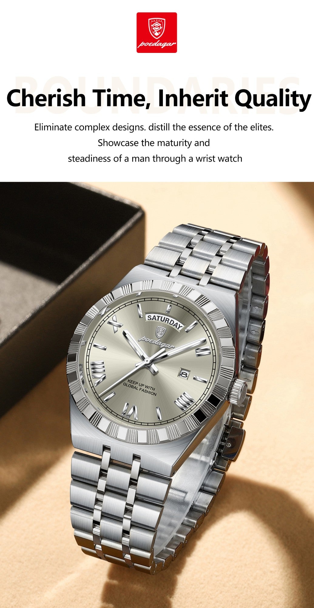 POEDAGAR Luxury Business Man Watch Week Date Waterproof Luminous Watches For Men Stainless Steel Quartz Fashion Men's Wristwatch