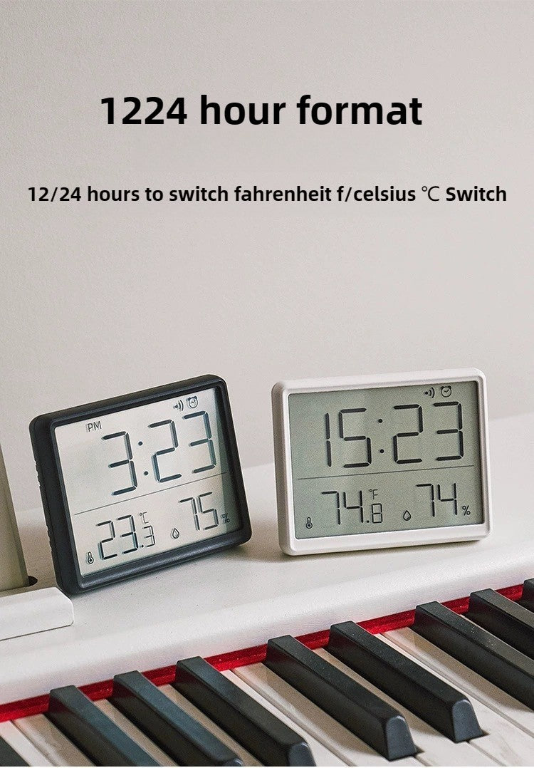 Slim Digital Wall Clock with LCD Alarm, Temperature & Humidity Display- Multi-Functional Kitchen Electronic Clock Adhesive Mount