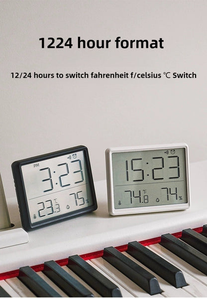 Slim Digital Wall Clock with LCD Alarm, Temperature & Humidity Display- Multi-Functional Kitchen Electronic Clock Adhesive Mount