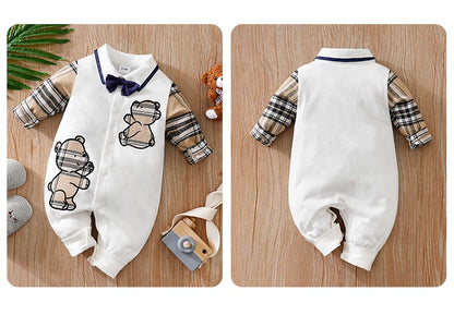 Newborn Clothes Gentleman Bear Embroidered Cotton Comfortable 0-18 Boys And Girls Spring And Autumn Long Sleeved Baby Jumpsuit