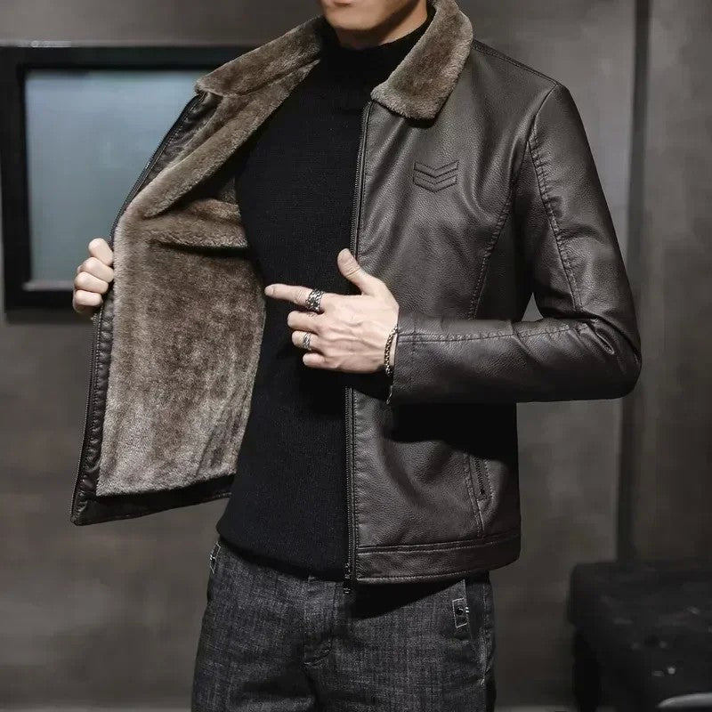 Vintage Brown Leather Jacket Men's Winter Faux Fur Collar Windproof Warm Coat Male Luxury Clothing Brand chaqueta cuero hombre