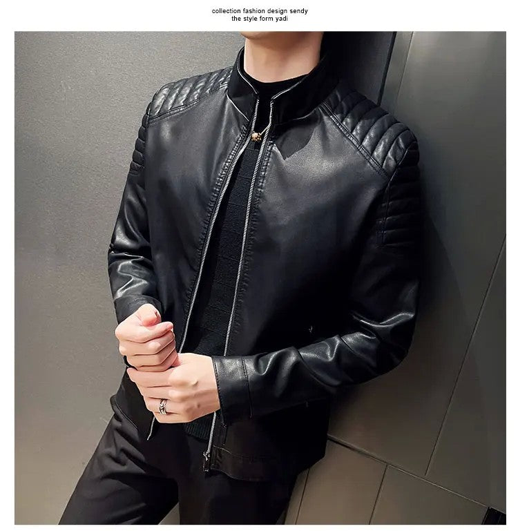 Men standing collar Jacke, leather motorcycle jacket men,bomber leather coat?fashion trend personalized leather winter clothing