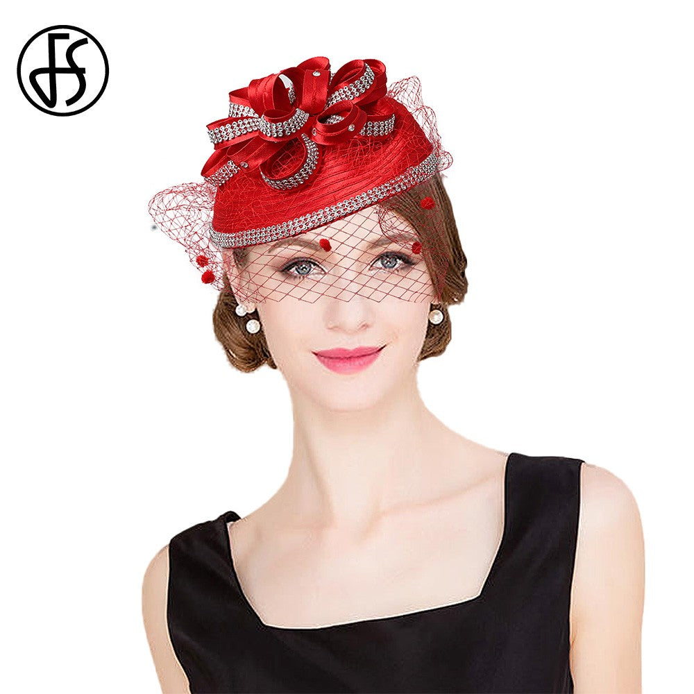 FS Red Wedding Fascinators Pillbox Hats para Mulheres com Véu de Flores Chapéu para Igreja Kentucky Derby Boné Cocktail Tea Party Chapéu de Cabeça