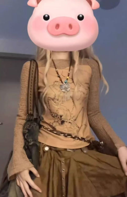 High Street Fashion Brand Brown Gothic Harajuku Fashion Skirt Retro Striped Casual Loose Streetwear Pleated Short Skirt Women