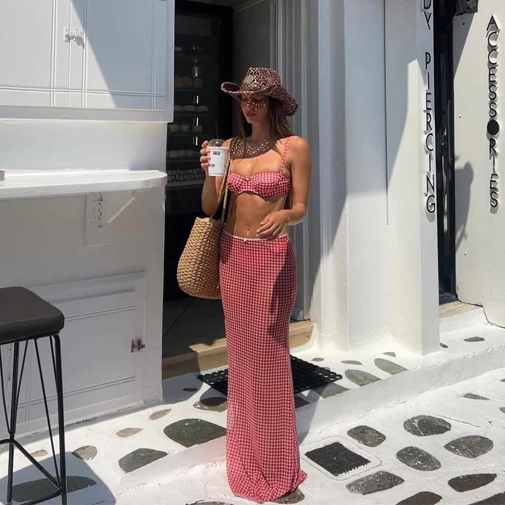 Plaid 3 Pieces Bikini 2025 Sexy Women Swimsuit Swimwear Female Dress Cover Up Bikini Set Beachwear Bathing Suit Swimming Suit