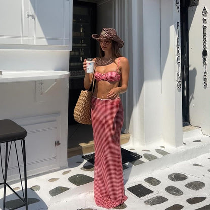 Plaid 3 Pieces Bikini 2025 Sexy Women Swimsuit Swimwear Female Dress Cover Up Bikini Set Beachwear Bathing Suit Swimming Suit