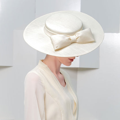 FS Elegante Chapéu de Aba Larga Marfim Feminino Grande Laço Ocasião Formal Kentucky Boné Feminino Casamento Coquetel Festa Fedora de Topo Reto 2024