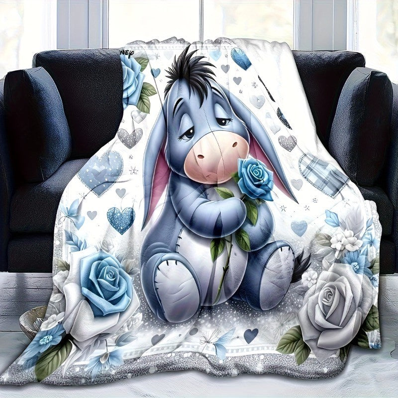 [Super Soft | Eeyore Plush] 1pc Super Soft Eeyore Plush Blanket | Flannel Bedspread with Logo Blue Roses & Hearts