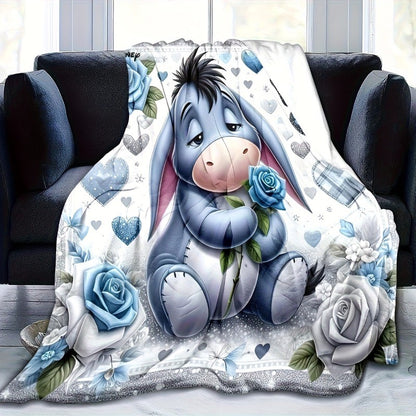 [Super Soft | Eeyore Plush] 1pc Super Soft Eeyore Plush Blanket | Flannel Bedspread with Logo Blue Roses & Hearts