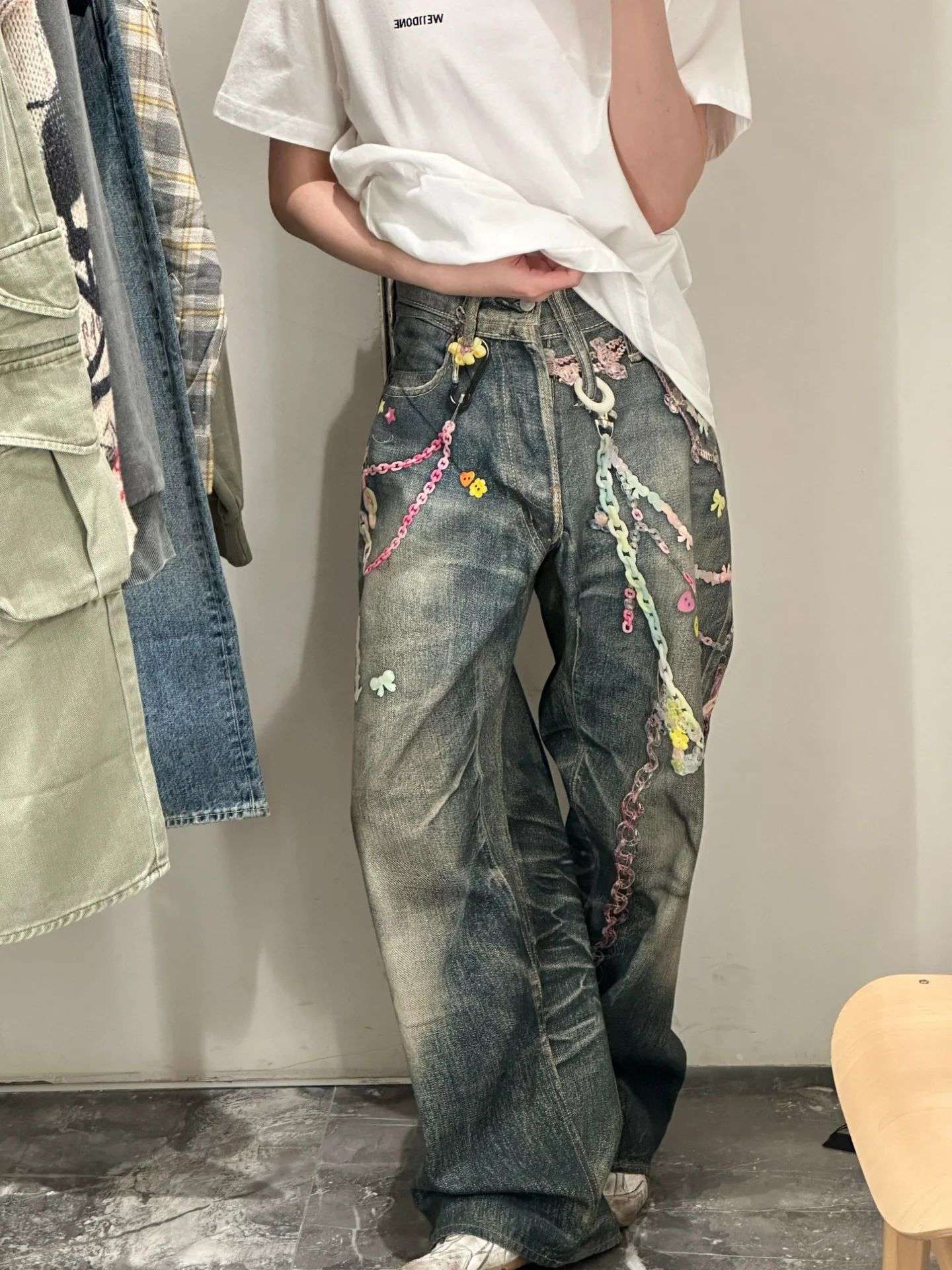 Calça Jeans Casual Unissex com Estampa Digital 3D de Corrente de Doce Estilo American High Street, com Efeito Desgastado e Perna Reta
