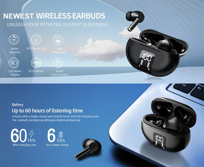 Fone de Ouvido Sem Fio Bluetooth 5.3 Headphone 60 Horas de Reprodução Display LED de Bateria Fones de Ouvido Microfone Cancelamento de Ruído Som Estéreo