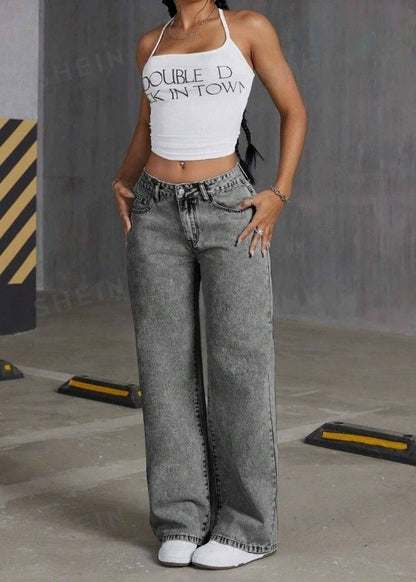 Bow Embroidered Jeans Women's Sweet Spicy Style High Waist Straight Leg Pants Loose Casual Wash High Street Denim Pants