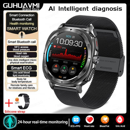 Novo Relógio de Saúde Ácido Úrico Pressão Arterial Oxigênio no Sangue Análise Corporal Gordura Corporal Smartwatch ECG+PPG Chamada Bluetooth Relógio Mulheres Homens