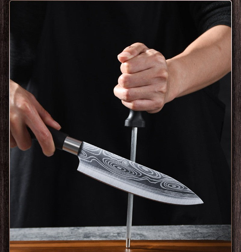 Kitchen Knives Scissors Sharpening Rod Set Laser Damascus Pattern Utility Stainless Steel Sharp Slicing Chef knife Cooking Tool