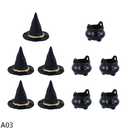10pcs Halloween Witch Hat Decorations Miniature Hats Cauldron Pots Kettle Ornament Halloween Party Home Decoration DIY Crafts