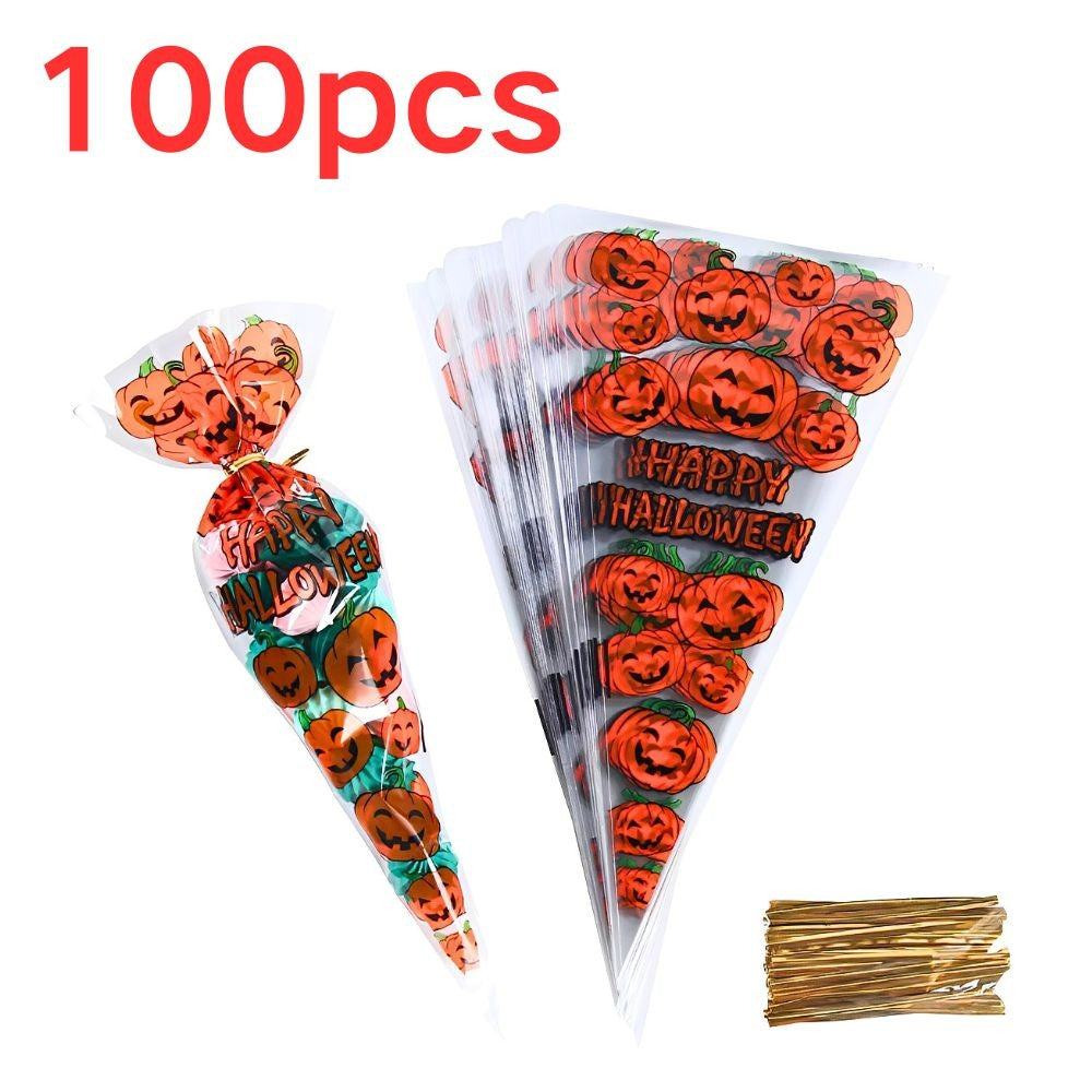 50/100pcs Cute Pumpkin Triangle Candy Bags Happy Halloween Print Cone Snack for Party Giveaways YMY