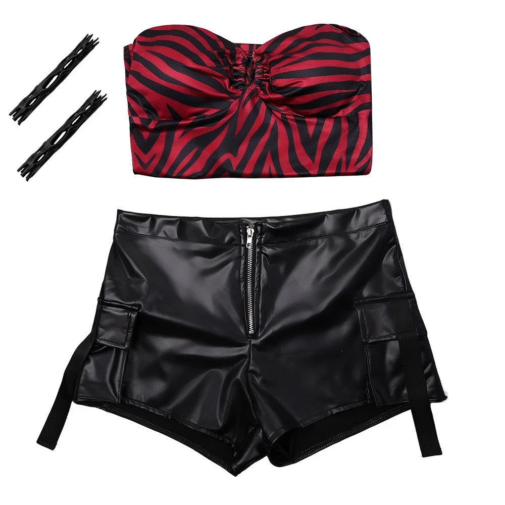 Obsession Nikki Costume Cosplay Outfit Zebra Halter Top Faux Leather Cargo Shorts Punk Streetwear Halloween Carnival Disguise