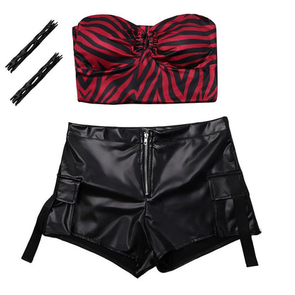 Obsession Nikki Costume Cosplay Outfit Zebra Halter Top Faux Leather Cargo Shorts Punk Streetwear Halloween Carnival Disguise