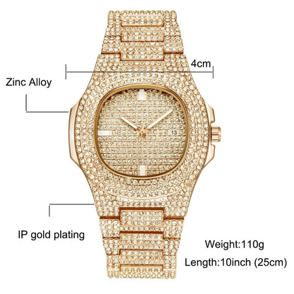 New Punk Men Watch Iced Out Diamond Sparkling Quartz Watches Fashion Hip Hop Classic Silver Color Watch Jewelry Men Women Gift