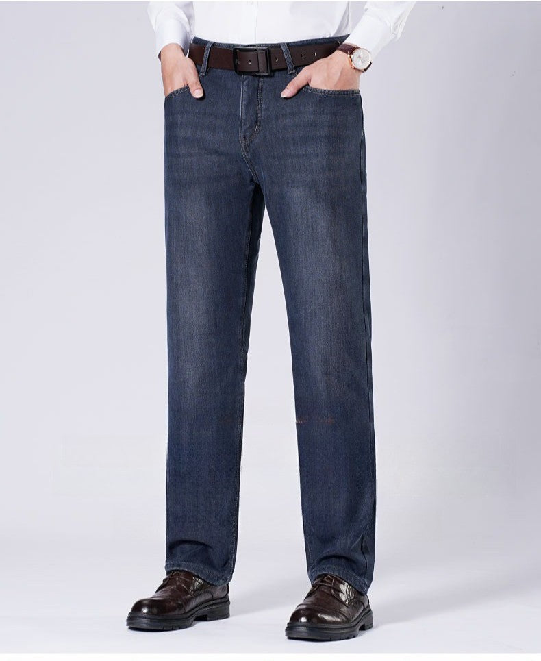 Men's Fleece Straight Leg Jeans Winter Thick Warm Business Casual Velvet Pants Elastic Loose Trousers Outdoorwear