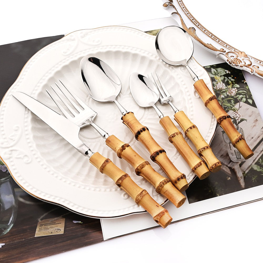 1Pç Conjunto de Talheres de Bambu Natural com Cabo de Aço Inoxidável Utensílios de Mesa Garfos de Jantar Colher Faca Talheres de Cozinha