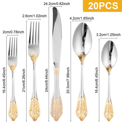 20Pcs High Quality Cutlery Set Handle Exquisite carving Stainless Steel Golden Tableware Knife Fork Spoon Flatware Set Silverwar