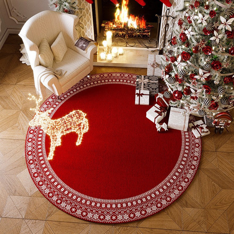 VIKAMA Christmas Round Crystal Velvet Carpet, Living Room Sofa Mat, Non-slip Bedroom Bedside Rug, Holiday Home Decoration