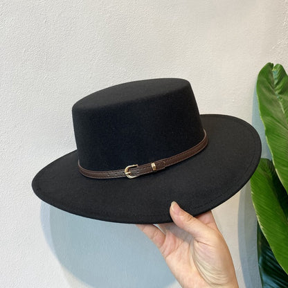 Chapéu Fedora de Lã Feminino com Fivela Decorada Aba Reta Feltro Retrô Jazz Boné Inverno Outono Quente Estilo Britânico Boater